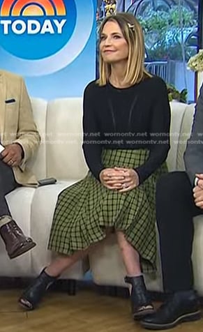 Savannah’s black mesh inset top and green plaid skirt on Today