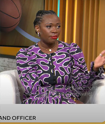 Shana Stephenson's purple print dress on CBS Mornings