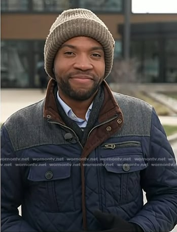 Shaquille Brewster's navy quilted jacket on NBC News Daily