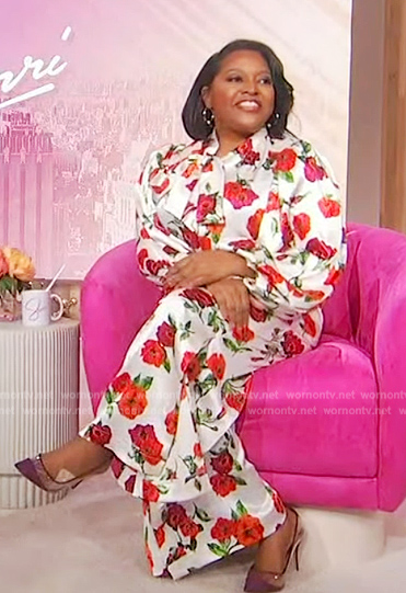 Sherri's white floral print tie neck blouse and pants on Sherri