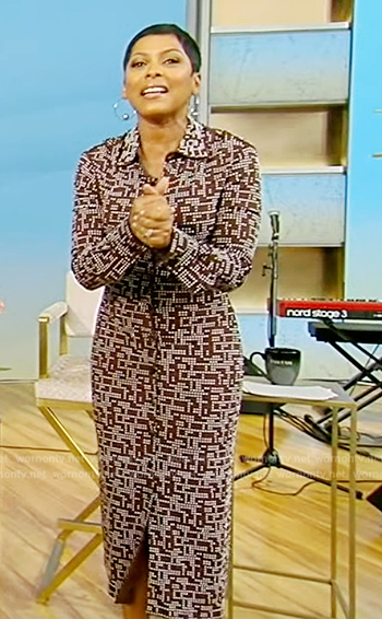 Tamron's brown printed shirtdress on Tamron Hall Show