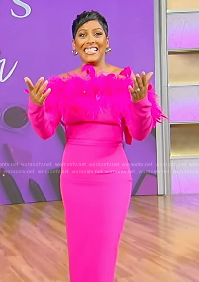 Tamron's pink feather trim off shoulder dress on Tamron Hall Show