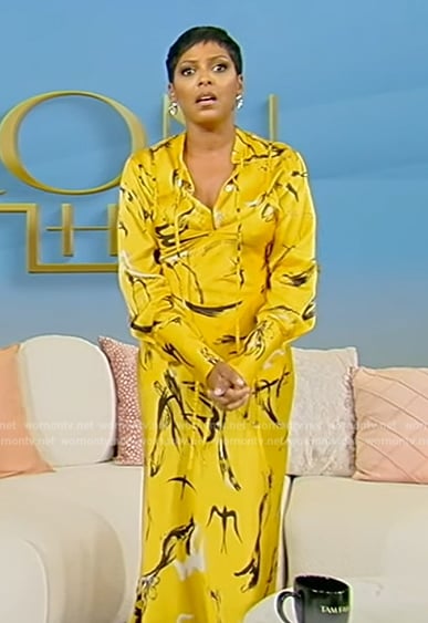 Tamron's yellow bird print dress on Tamron Hall Show