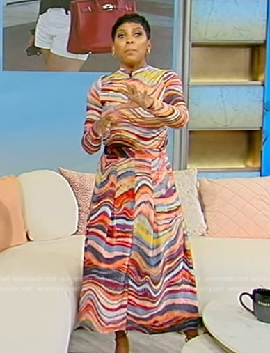 Tamron's multicolored top and skirt on Tamron Hall Show