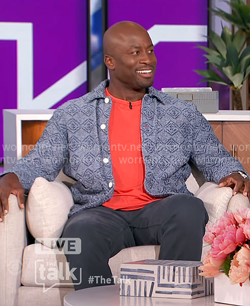 Akbar's blue printed shirt jacket on The Talk