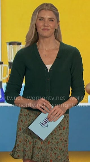 Amanda's bottle green cardigan and floral mini skirt on The Talk