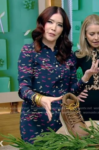Amy Goodman's blue horse print dress on Live with Kelly and Mark