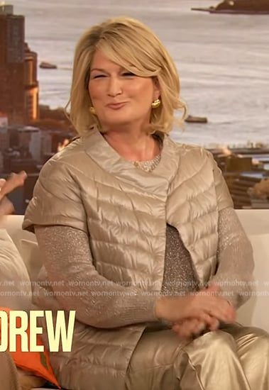 Ana Gasteyer's metallic gold puffer vest on The Drew Barrymore Show