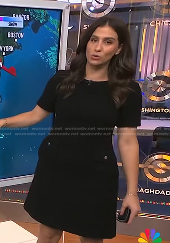 Angie Lassman's black short sleeve boucle dress on NBC News