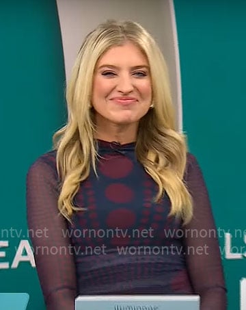 Ashley Bellman's navy and burgundy printed mesh dress on CBS Mornings
