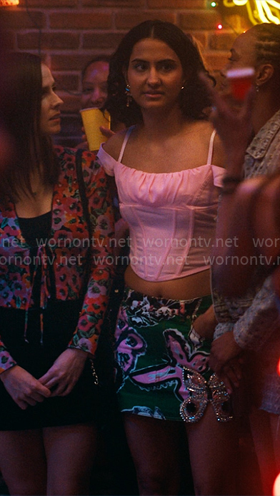 Bela's light pink corset top and butterfly skirt on The Sex Lives of College Girls