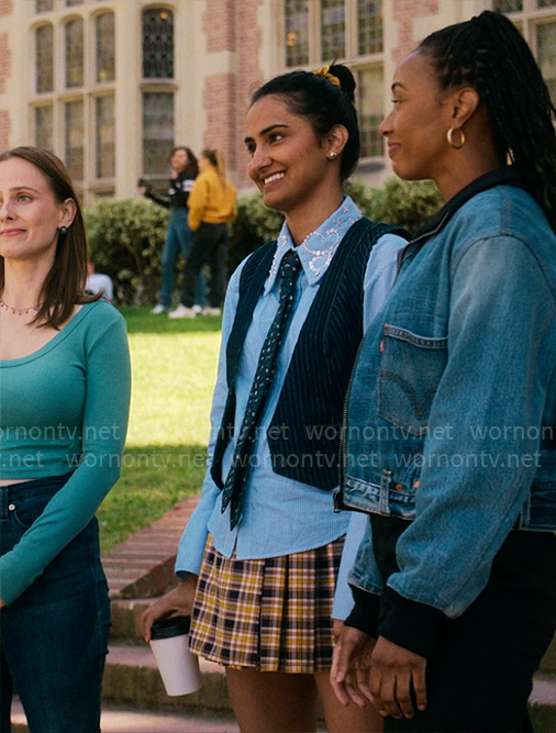 Bela's blue striped shrit with embellished collar and pinstripe denim vest on The Sex Lives of College Girls