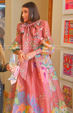 Bronwyn's pink print tie neck gown on The Real Housewives of Salt Lake City