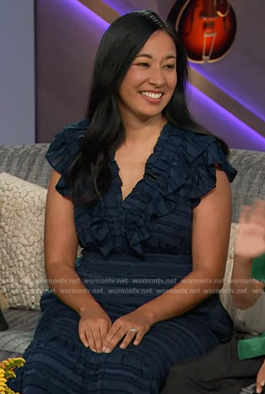 Carlene Cabison's navy ruffle dress on The Kelly Clarkson Show