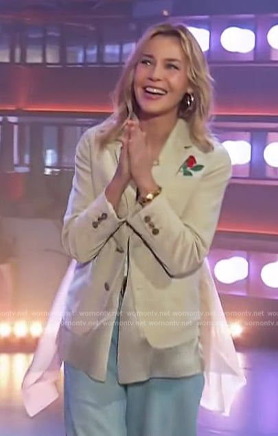 Connie Nielsen's velvet rose embroidered blazer on The Kelly Clarkson Show