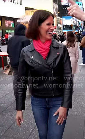 Dana Jacobson's black leather moto jacket on CBS Mornings
