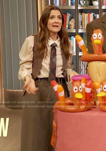 Drew's check vest and blouse on The Drew Barrymore Show