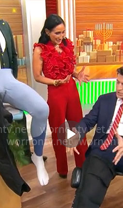 Elizabeth Werner's red ruffled jumpsuit on CBS Mornings