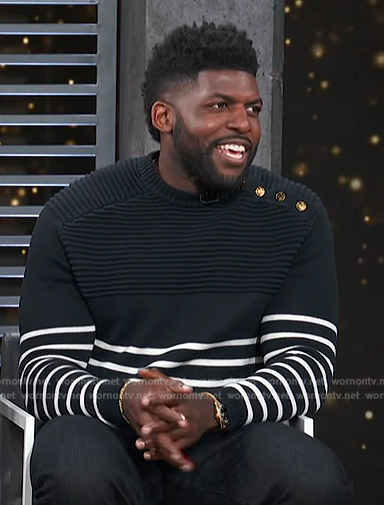 Emmanuel Acho's navy stripe sweater on Access Hollywood