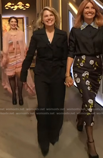 Eva Birthistle's black utility jumpsuit on The Drew Barrymore Show