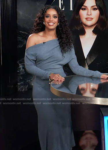 Francesca Amiker's blue off shoulder dress on E! News