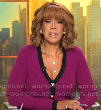 Gayle King's pink knit dress with gold buttons and contrasting trim on CBS Mornings