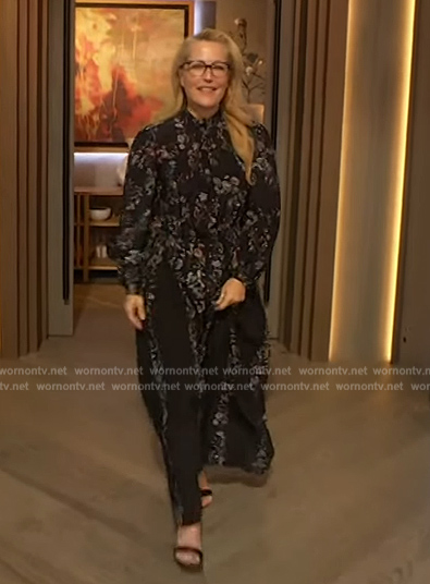 Gillian Anderson's black floral maxi dress on The Drew Barrymore Show