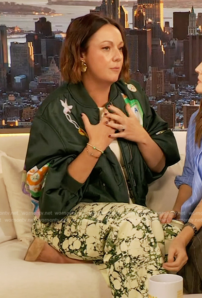 Celeste Barber's green embroidered bomber jacket on The Drew Barrymore Show