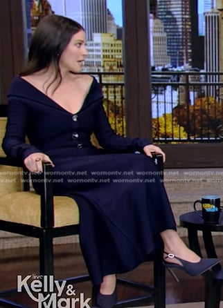 Jackie Tohn's navy off-shoulder button front dress on Live with Kelly and Mark