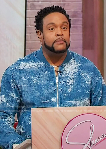 Jawn's blue textured bomber jacket on Sherri