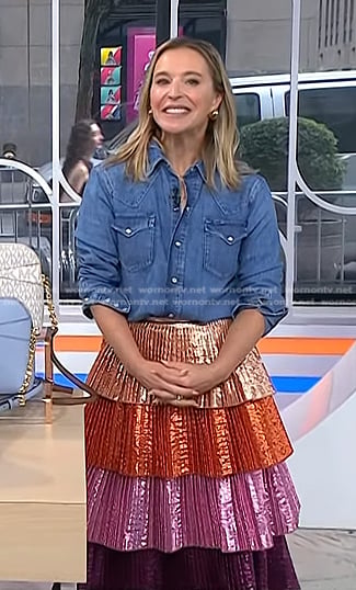 Jenn Falik's western denim shirt and metallic tiered skirt on Today