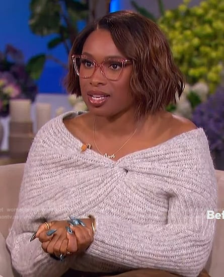 Jennifer's gray off shoulder sweater and skirt on The Jennifer Hudson Show