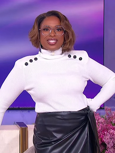 Jennifer's white button shoulder sweater on The Jennifer Hudson Show