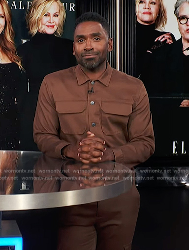Justin's brown utility shirt and pants on E! News