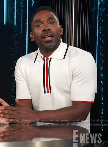 Justin's white contrast stripe polo on E! News