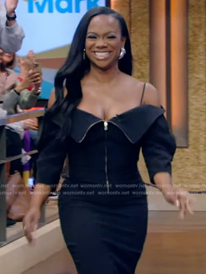 Kandi Burruss's black zip front cold shoulder dress on Live with Kelly and Mark
