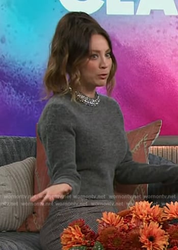 Kaley Cuoco's gray embellished neckline sweater on on The Kelly Clarkson Show