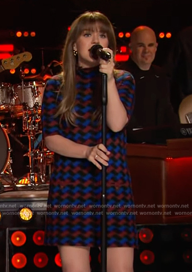 Kelly's geometric print mock neck mini dress on The Kelly Clarkson Show