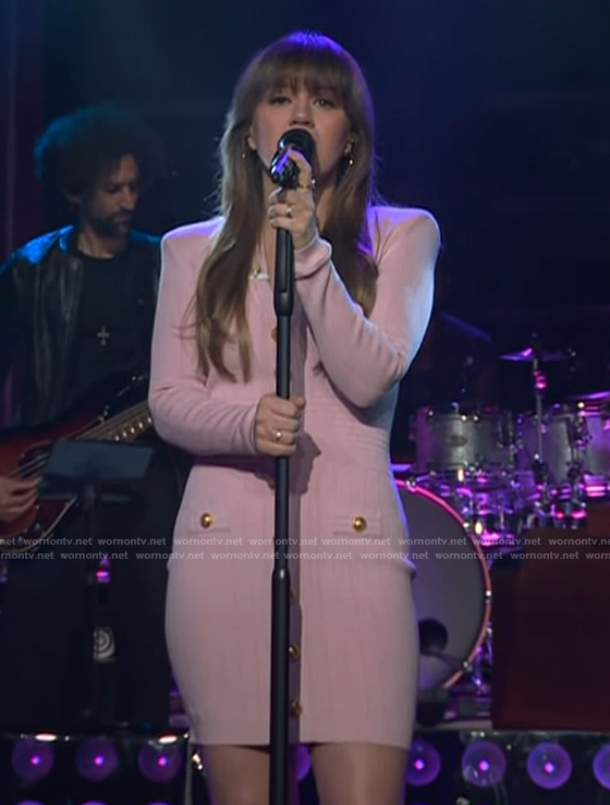 Kelly's pink gold button dress on The Kelly Clarkson Show