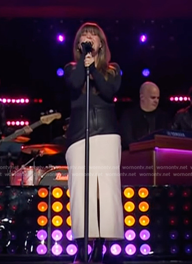 Kelly's colorblock leather skirt on The Kelly Clarkson Show