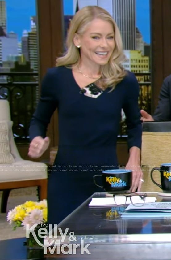 Kelly's navy dress with lace panels on Live With Kelly
