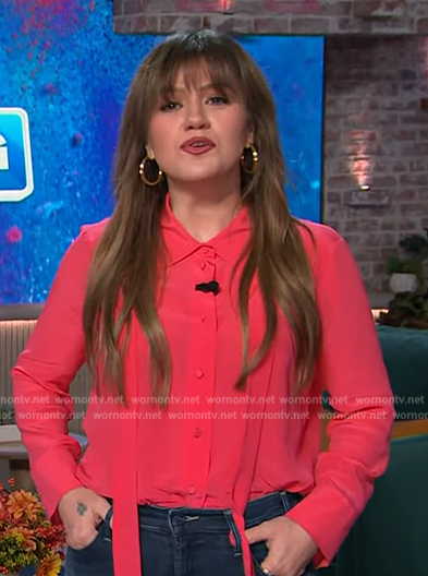 Kelly's pink tie neck blouse on The Kelly Clarkson Show