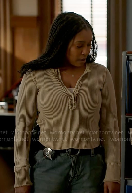 Kiana's beige henley top on Chicago PD
