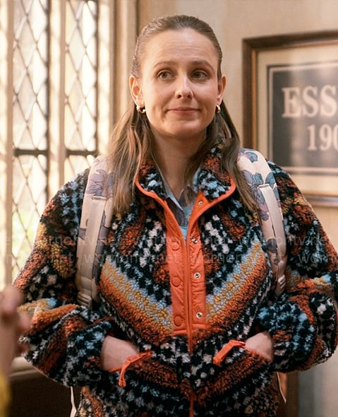 Kimberly's printed fleece jacket on The Sex Lives of College Girls