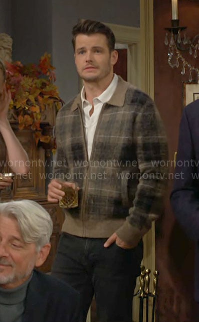 Kyle's brown plaid zip up Thanksgiving cardigan on The Young and the Restless