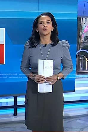 Laura's grey puff sleeve top and khaki skirt on Today
