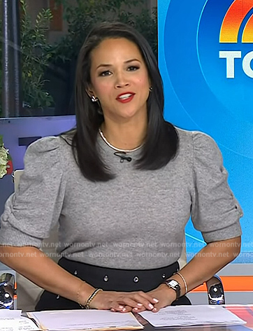 Laura's gray puff sleeve sweater and embellished skirt on Today