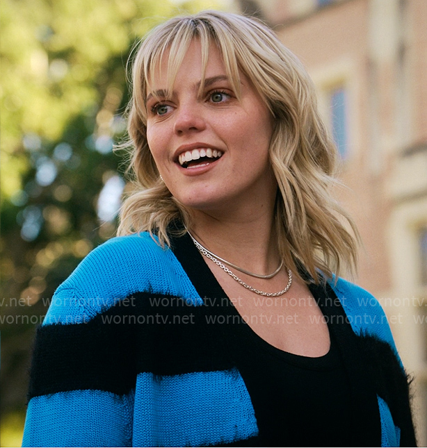Leighton's blue striped fluffy cardigan on The Sex Lives of College Girls