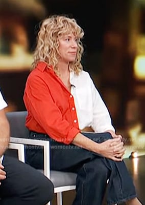 Lesley Suter's colorblock shirt on Access Hollywood