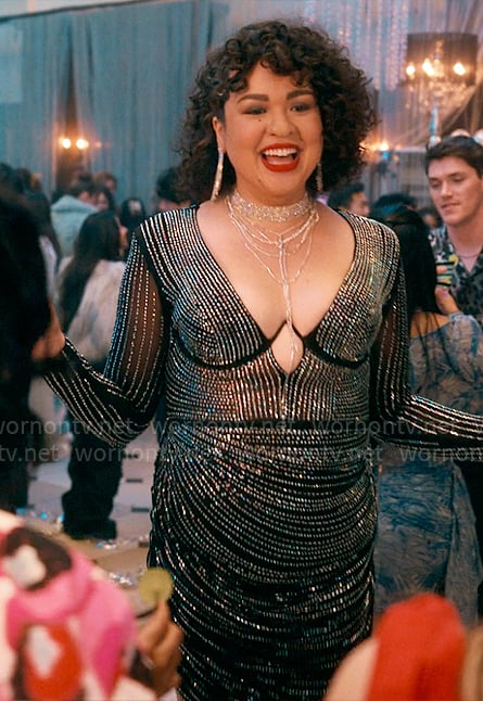 Lila's embellished plunge-neck dress on The Sex Lives of College Girls
